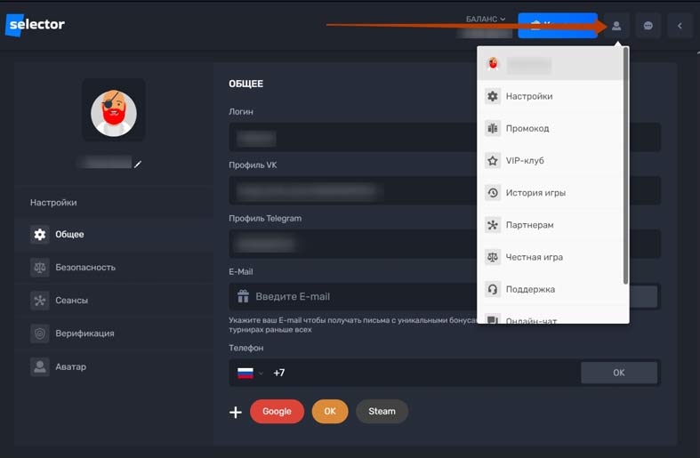 Личный кабинет в казино Селектор